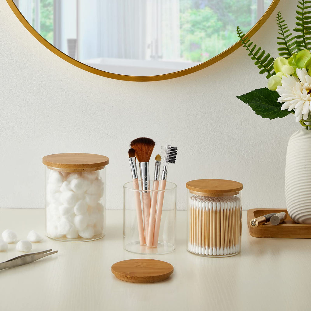 INIUNIK Glass Qtip Holder Dispenser with Bamboo Lid - 2 Pack Apothecary Jars - Cotton Balls Pads Swabs Holder Jar - Bathroom Vanity Canisters Jars for Countertop Storage and Organization