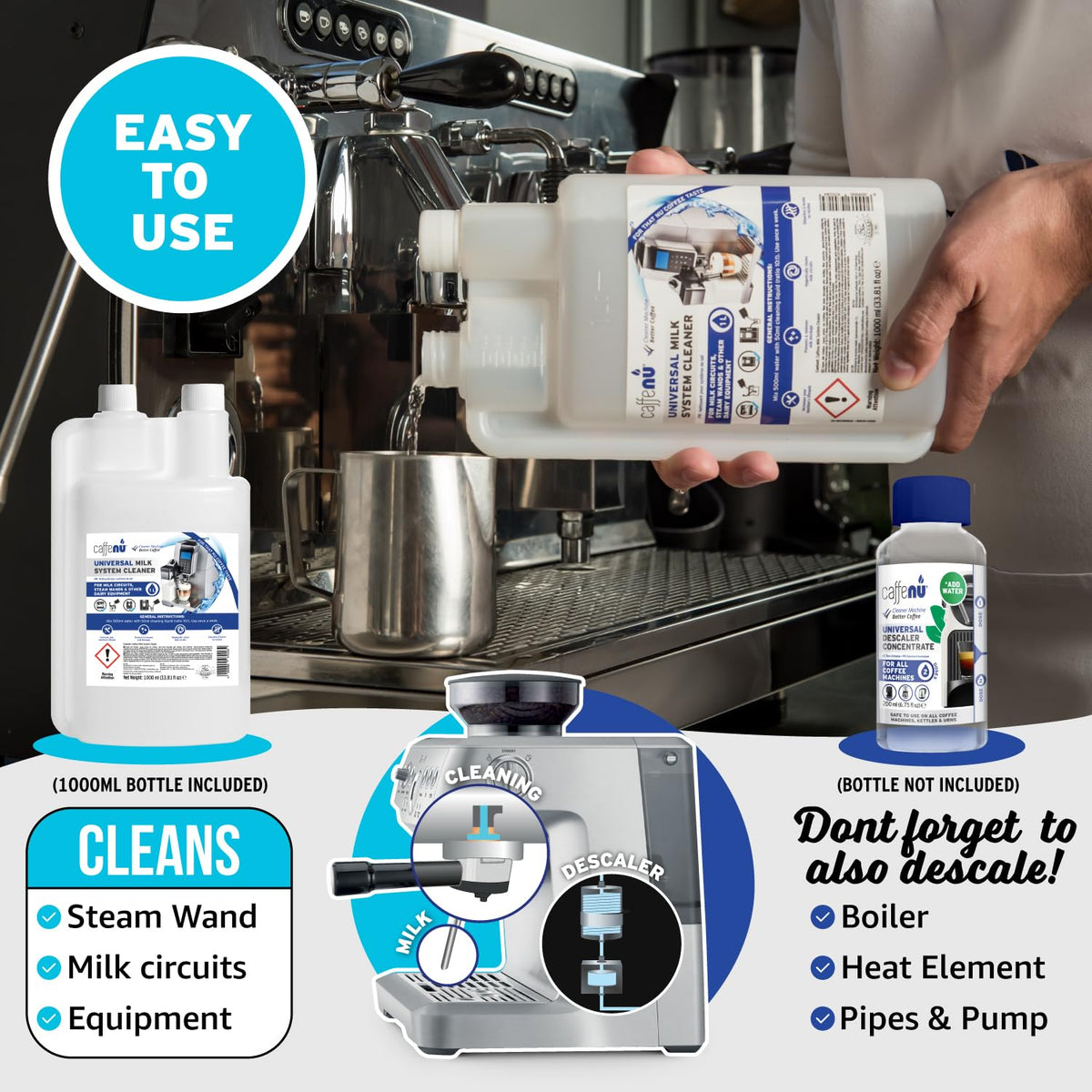 Caffenu Universal Milk System Cleaner, Use on All Machines, 33.8fl oz/1 L