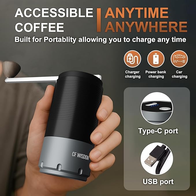 CF WISDOM Portable Conical Burr Coffee Grinder, Dual-Mode Electric & Manual