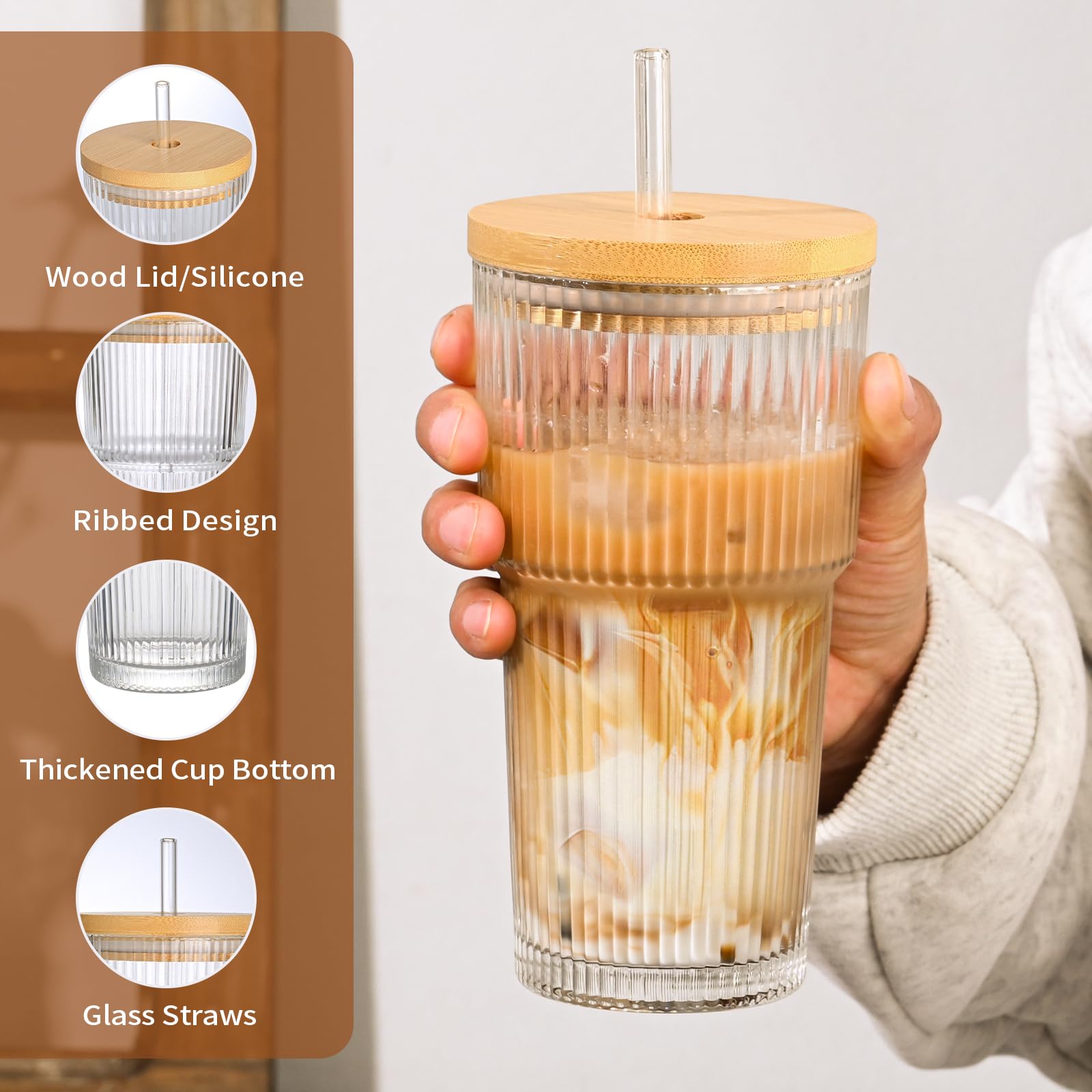 AUFXKOO 20oz Glass Cups with Lids and Straws,2PCS Ribbed Glass Coffee Cups,Iced Coffee Cups with Lid,Vintage Bamboo Tumbler for Juice,Smoothies