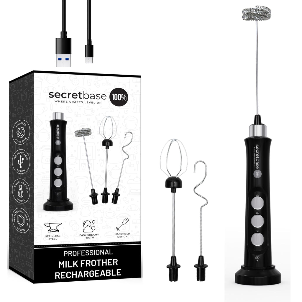 Secretbase Handheld Rechargeable Milk Frother - 3 Speed, USB-C Charging - Stainless Steel Double Whisk for Bulletproof Coffee, Espresso Whipper, Mini Electric Stirrer (Black Frother without Pitcher)