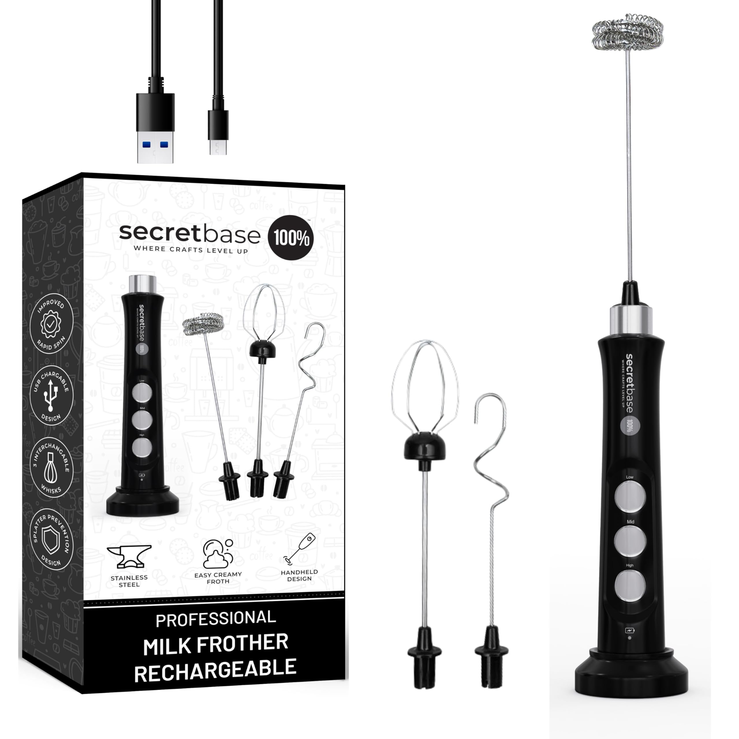 Secretbase Handheld Rechargeable Milk Frother - 3 Speed, USB-C Charging - Stainless Steel Double Whisk for Bulletproof Coffee, Espresso Whipper, Mini Electric Stirrer (Black Frother without Pitcher)