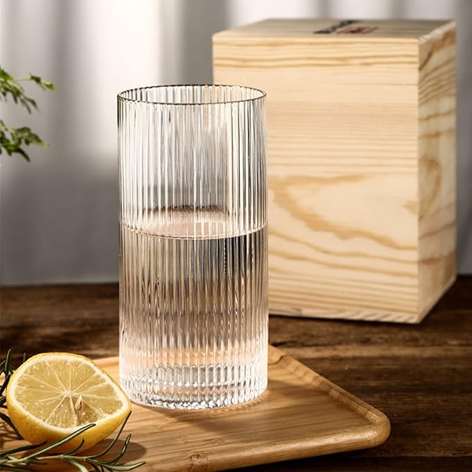 INSETLAN Glass Cups Vintage Glassware Set of 4 Large, Origami Style Transparent Cocktail Glasses Set, Bar Beverages Ice Coffee Cup Juice Ripple Drinkware, 370ml (L)