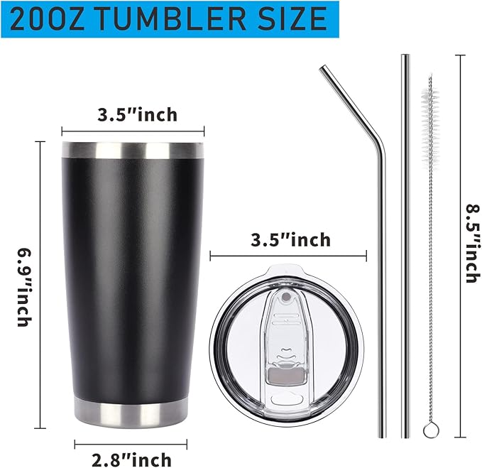 Pandance 20oz Stainless Steel Insulated Tumblers with Lid and Straw Bulk, Double Wall Vacuum Water Cups for Hot & Iced Coffee Drinks Travel Mug (Black, 12 pack)
