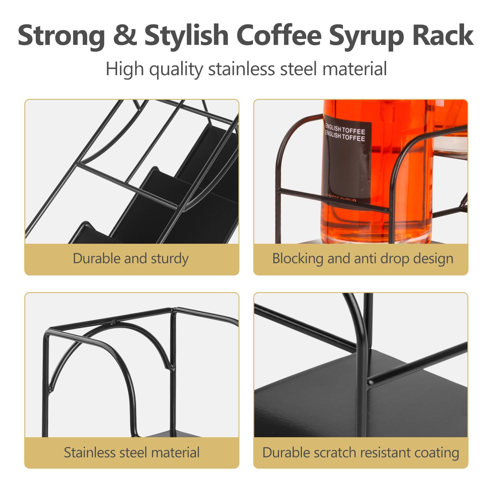 Syrup Rack for Coffee Bar Accessories, Iron 4 Compartment Bottle Organizer, Countertop Display Storage Shelf Bottle Stand, Metal Coffee Bar Organizer for Wine, Kitchen, Holds 4 Bottles