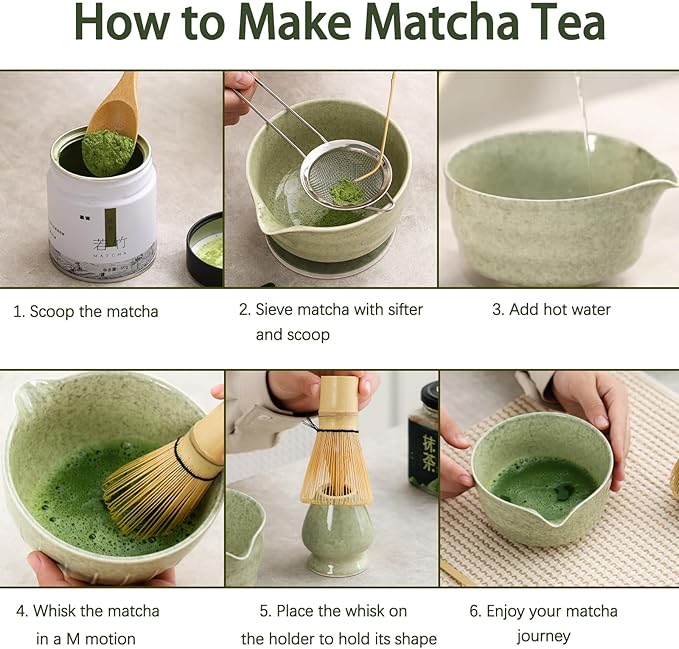 Japanese Matcha Set, Matcha Bowl with Spout and Coaster, Matcha Whisk and Holder, Sifter, Scoop, Spoon, Cleaning Brush,10 Pcs Complete Ceramic Matcha Kit
