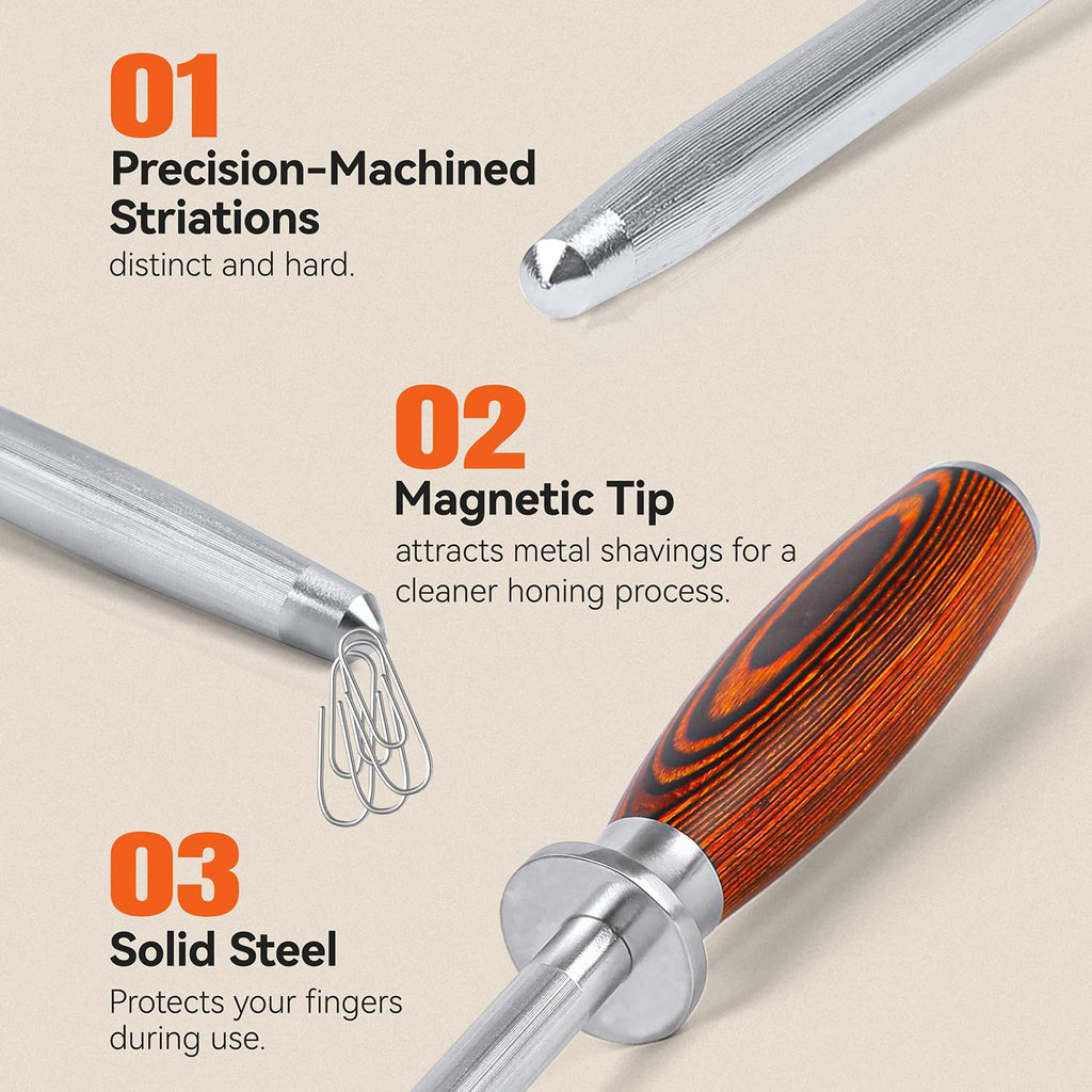 TUO Honing Rod, Sharpening Steel with Larger Diameter for Kitchen Knife Daily Honing Maintenance, High Carbon Steel 8" Knife Sharpener Rod, Ergonomic Handle