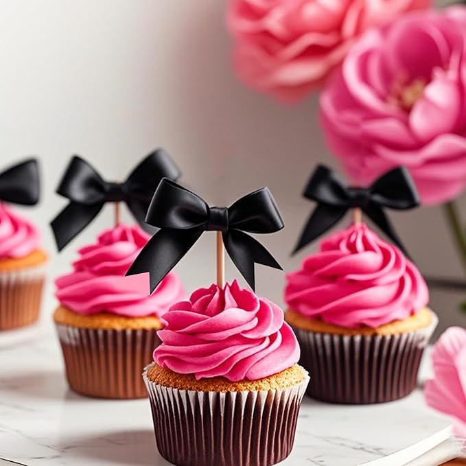24Pcs Bow Cupcake Toppers - Black Bow Cake Topper Birthday Decorations, Bowknot Cupcake Picks for Coquette Bow Theme Party Decoration Bachelorette Bridal Engagement Wedding Baby Shower Party Decor