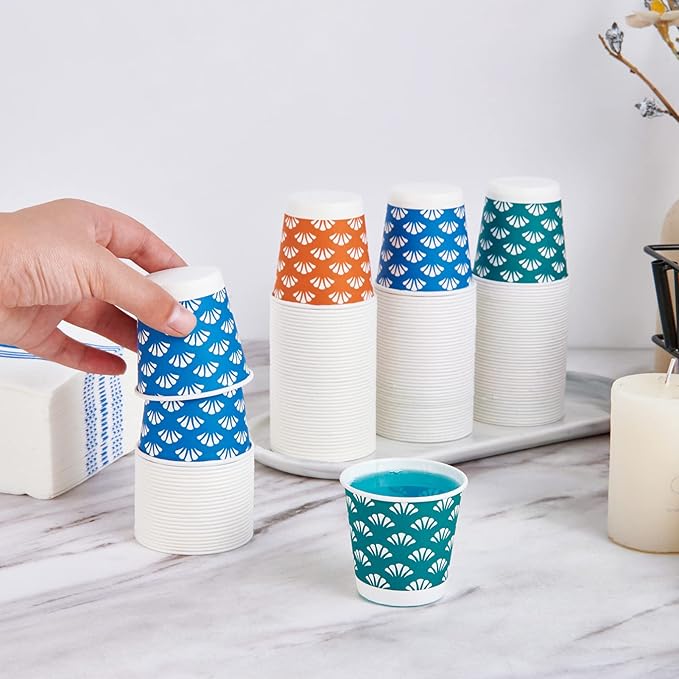 JollyPack 600 Pack 3 oz Disposable Bathroom Paper Cups, Small Mouthwash Cups in Orange, Blue, and Green, Great for Candy, Biscuits, Bathroom Use, Parties, Picnics, and Travel