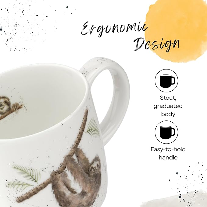 Royal Worcester Wrendale Designs Farmhouse Style Mug, Hanging Around - 14 oz Fine Bone China Mug with Sloth Illustration for Cozy Kitchen Vibes - Floral Drinkware for Daily Comfort