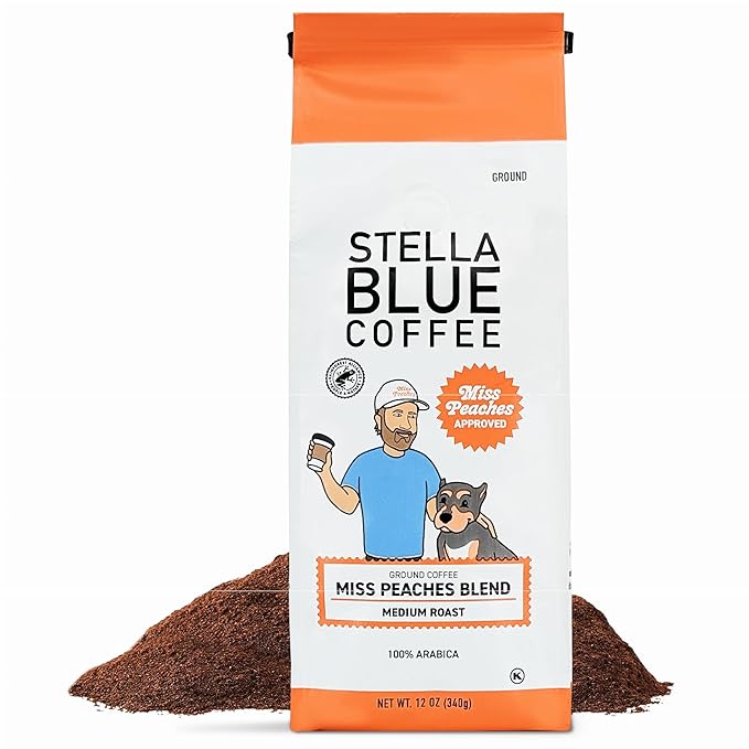 Stella Blue Ground Coffee, Miss Peaches Blend, Medium Roast, Citrus, Caramel and Fruity Notes, 100% Arabica, Ethically Sourced from Central and South America, 12 oz bag