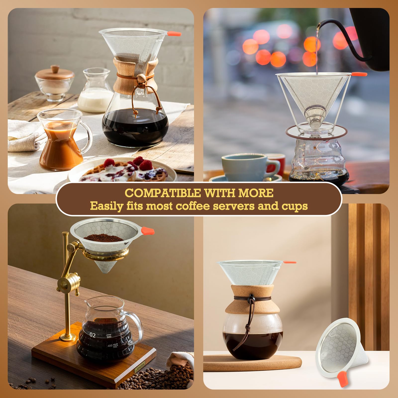 X-VESOLJE Pour Over Coffee Dripper, Paperless Pour Over Coffee Filter, Reusable Pour Over Coffee Maker Set, Dual-Layer Stainless Steel Cone Filter, Detachable Dripper Stand, Single Cup Brewer 1-4 Cup