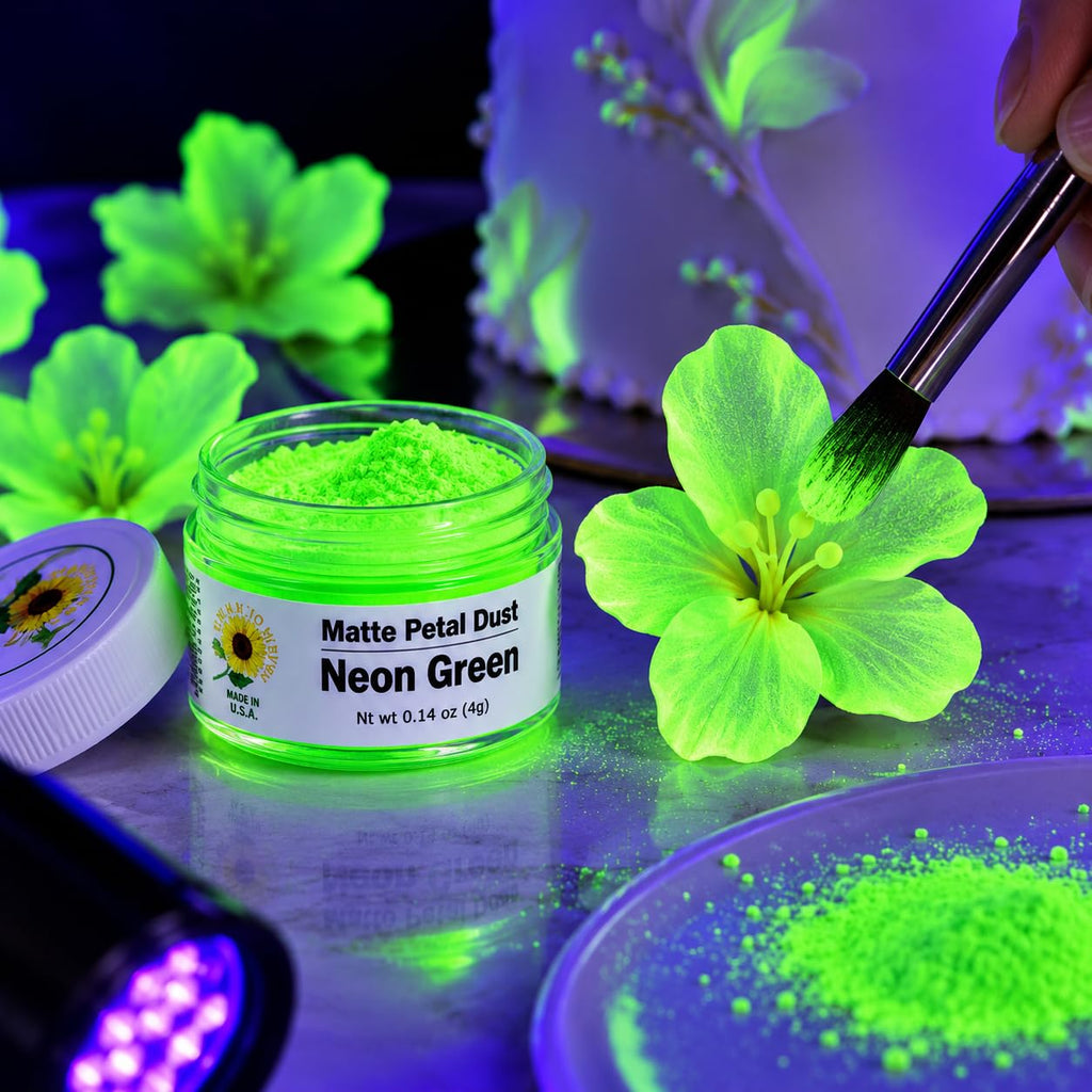 Sunflower Sugar Art Neon Green Glow In The Dark Petal Dust Food Color - Deep, Rich Green Matte Powder Cake Accessories for Cake Decoration - 4 Grams Non-Toxic Baking