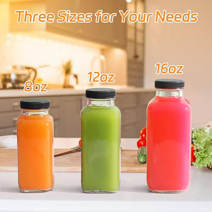 12 Pack 8oz Glass Juice Bottles with Lids, 250ml Reusable Glass Juicing Bottles, Square Drinking Jars Drink Containers with Caps for Water, Milk, Ginger, Kombucha, Beverages