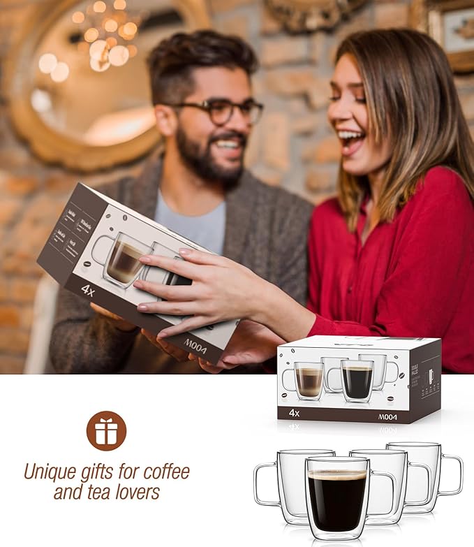 OJA Double Walled Glass Coffee Mugs Set of 4 12oz Hand Blown Clear Coffee Cup with Handle for Cappuccino, Tea Cups, Latte Espresso American Insulated, Heat Resistant Borosilicate Glass