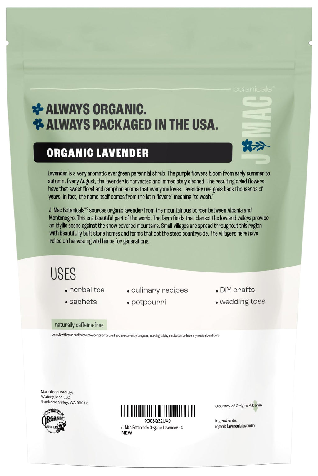 J MAC BOTANICALS, Organic Lavender Flower (4 oz), Dried Lavender Flowers, Buds, Manufactured in The USA