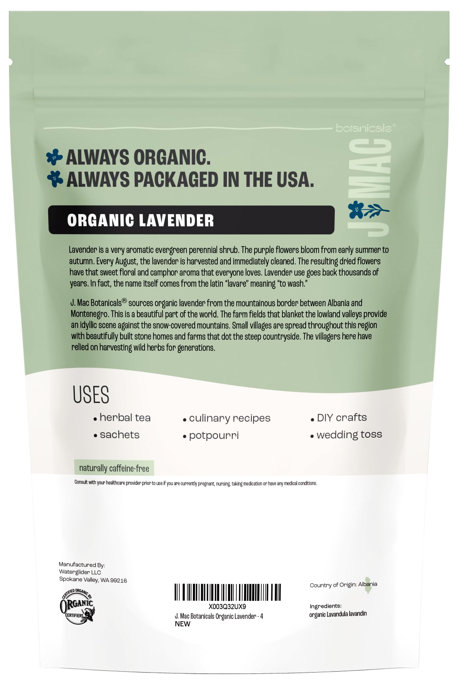 J MAC BOTANICALS, Organic Lavender Flower (4 oz), Dried Lavender Flowers, Buds, Manufactured in The USA