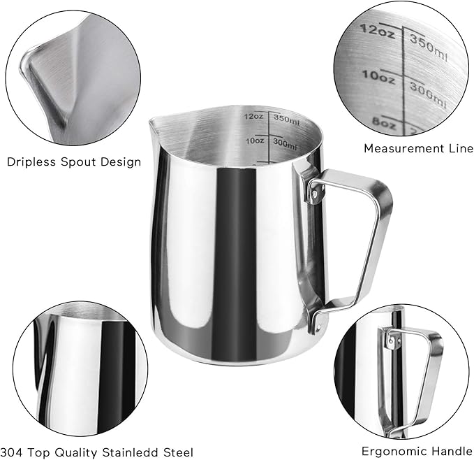 SIKEMAY Milk Frothing Pitcher Cup, 12oz/350ML Milk Frother Cup Stainless Steel Steaming Pitcher Milk Jug Coffee Latte with Art Pen Cappuccino Espresso Machine Accessories Barista Steam Pitchers Tools
