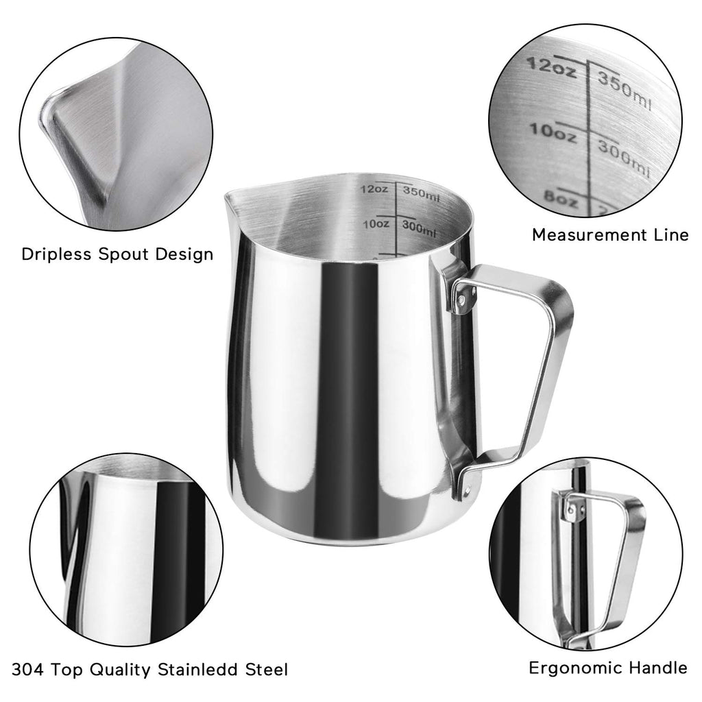 HOFASON Stainless Steel Milk Frothing Pitcher Cappuccino Pitcher Pouring Jug Espresso Cup Creamer Cup for Latte Art, 12 Ounce (350 ML)