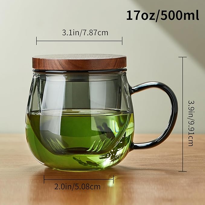 17 OZ Glass Tea Cup with Infuser and Lid, 500 ML Large Borosilicate Teacup, Clear Mug for Loose Leaf Tea, Blooming Tea, Tea Bags - Perfect Christmas or Birthday Gift for Women
