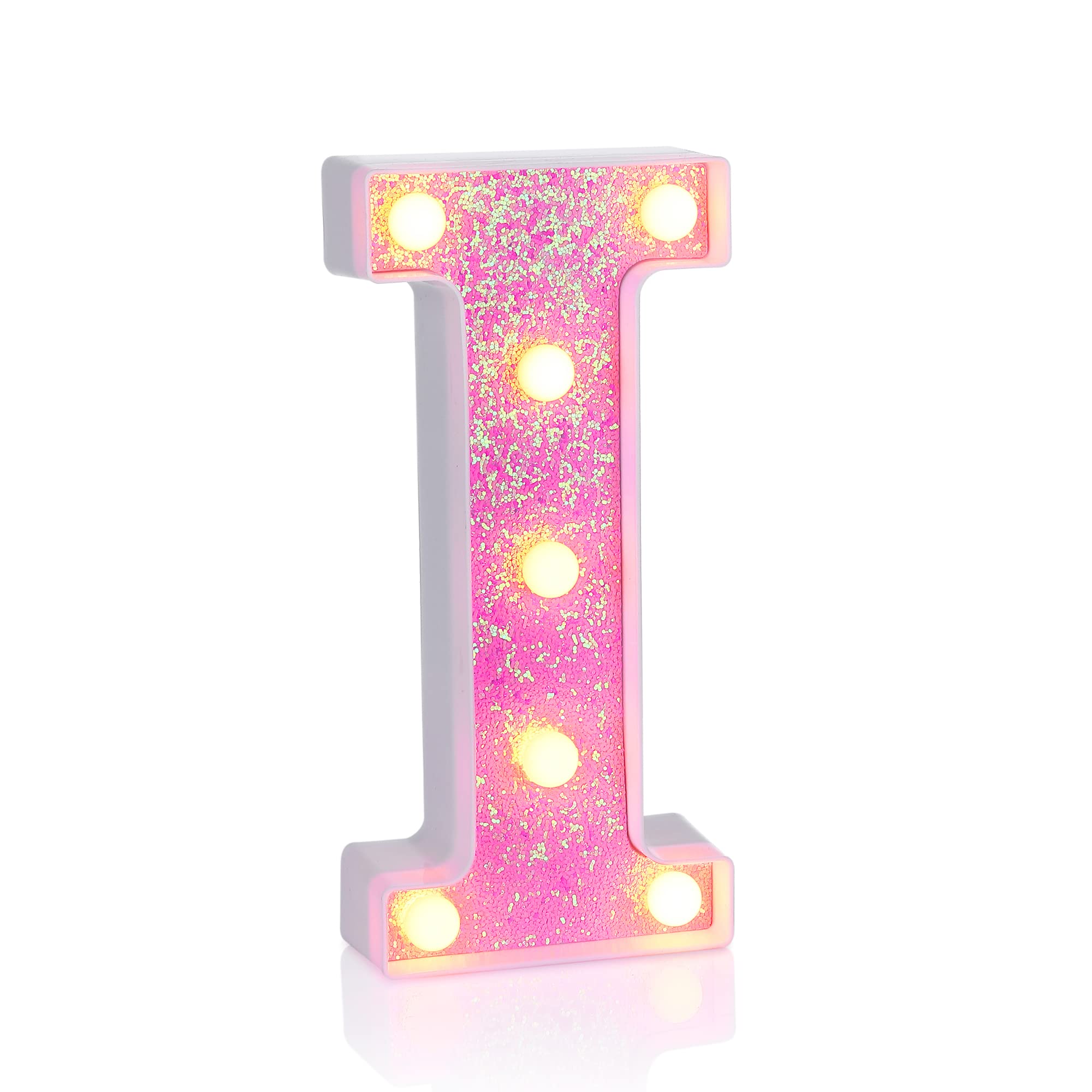 Foaky Pink Light up Letters，Pink Party Decorations,Girls Room Decor,Glitter Light Up Letters,Alphabet Letter Sign for Night Light Birthday Party Girls Gifts, Home Bar Decoration（I）