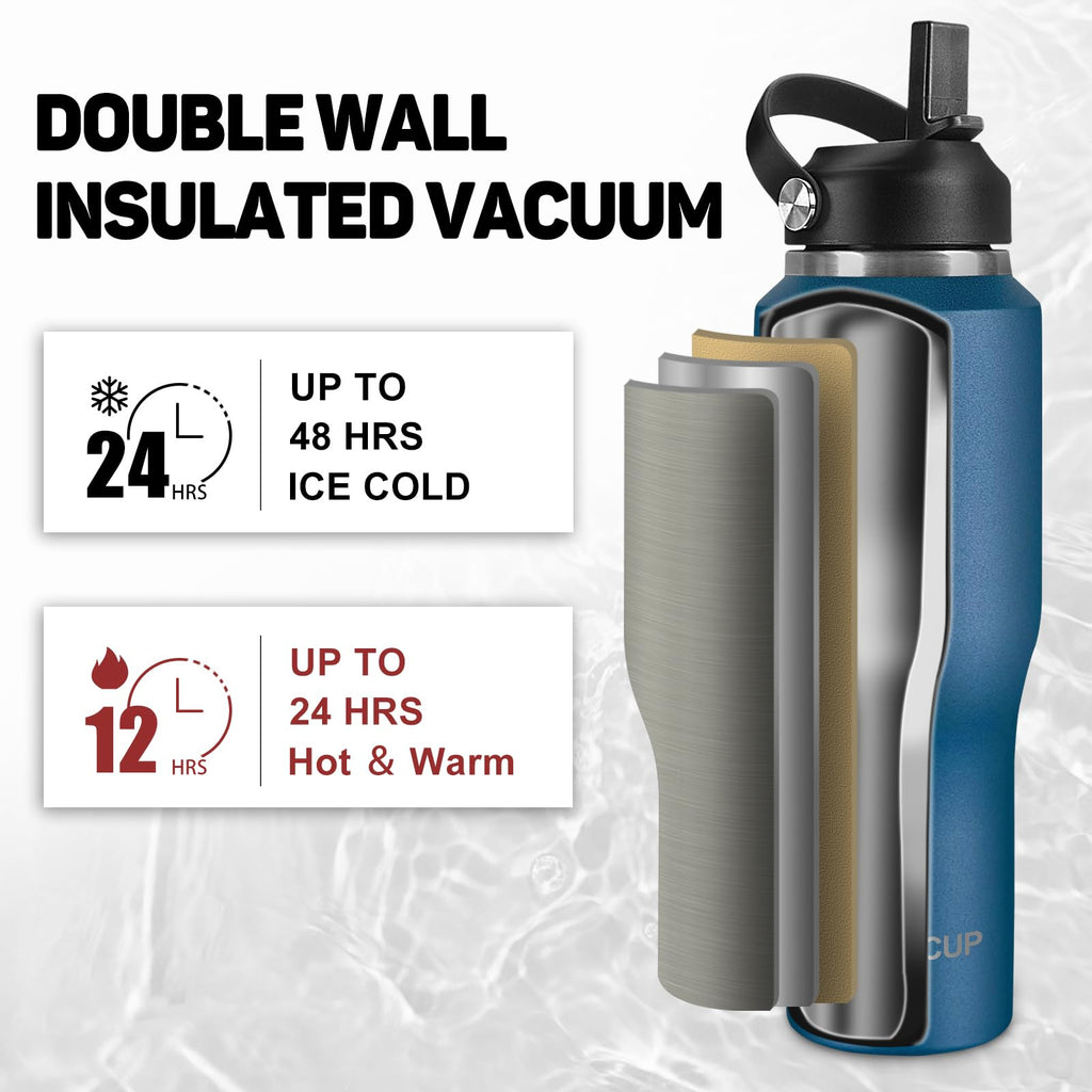 ABOTOCUP 32oz Water Bottle Insulated with Powder Coated, Fit in Any Car Cup Holder, Water Bottles with Straw and Spout Lids, Stainless Steel Insulated Double Wall Leak-proof BPA Free to Keep Cold&Hot