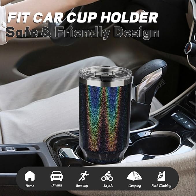 40 oz Tumbler with Lids and Straws, Stainless Steel Insulated Coffee Tumbler, Double Wall Vacuum Insulated Travel Mug Cup, Leakproof Thermal Coffee Cup for Hot and Cold Drinks (Glitter Black)