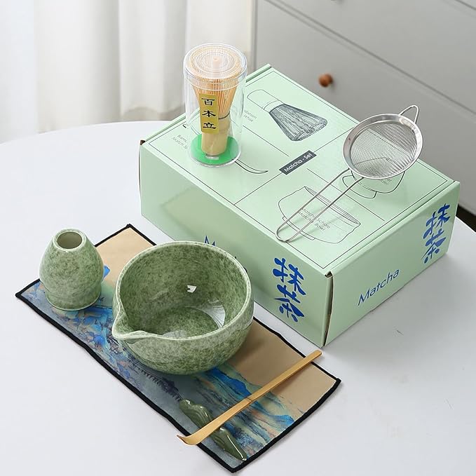Matcha Set, 7 Pieces, Matcha Bowl with Spout, Whisk, Holder, Bamboo Scoop, Stainless Steel Sifter Matcha color