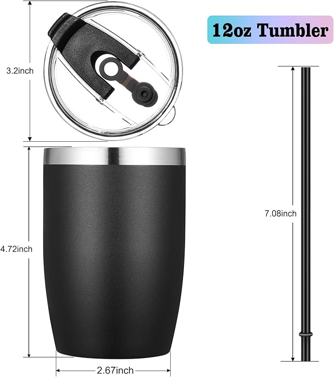 VEGOND Stainless Steel 12 oz Tumblers bulk Vacuum Insulated Double Wall Travel Tumbler with Lid and Straw Reusable Tumbler, Black 1 Pack