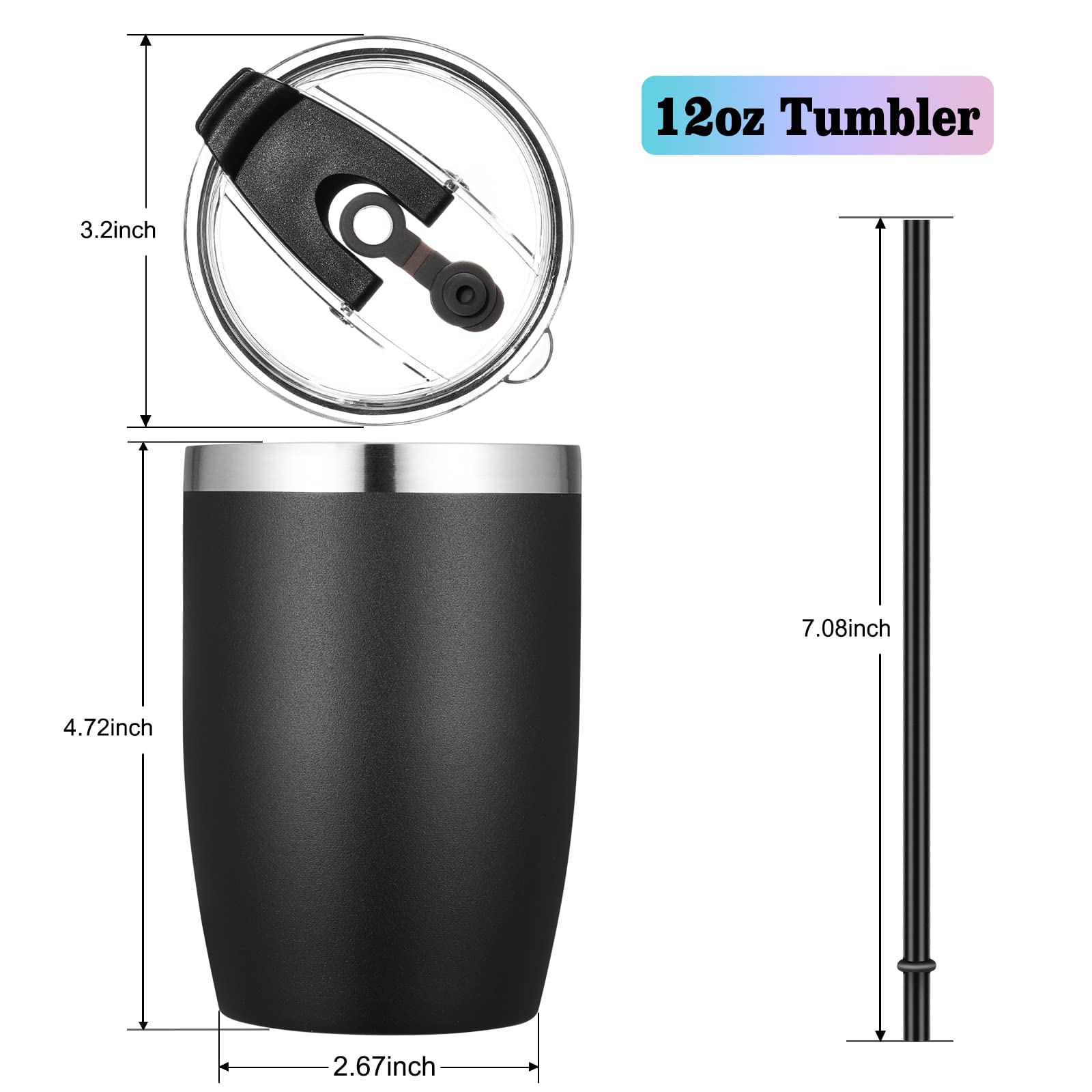 VEGOND Stainless Steel 12 oz Tumblers bulk Vacuum Insulated Double Wall Travel Tumbler with Lid and Straw Reusable Tumbler, Black 6 pack