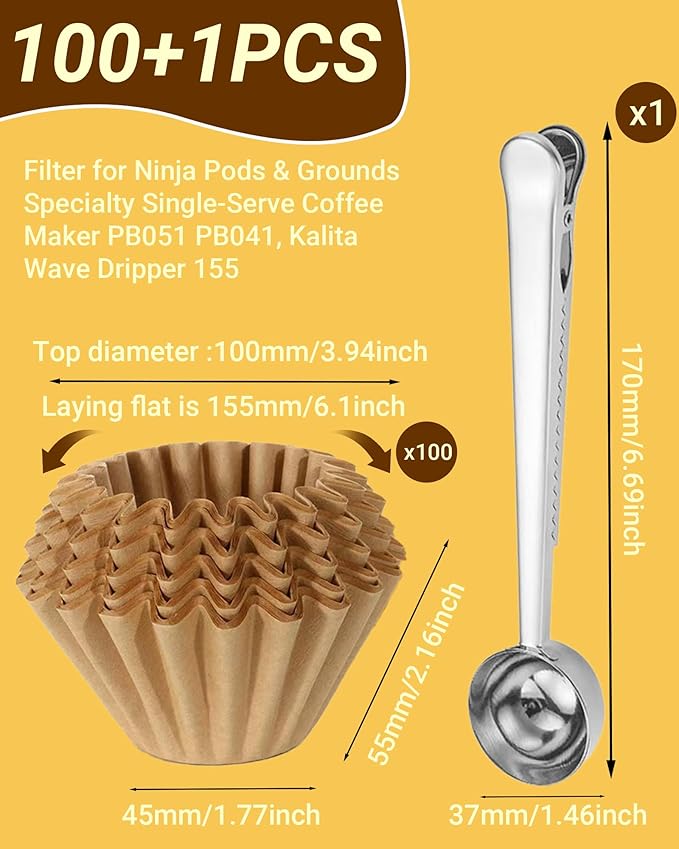 100 Pcs Unbleached Coffee Filters for 1-2 Cup Brewers, Small Disposable Paper Filters - 2-in-1 Stainless Steel Scoop & Clip, Compatible with Single Serve Pots & Travel Makers