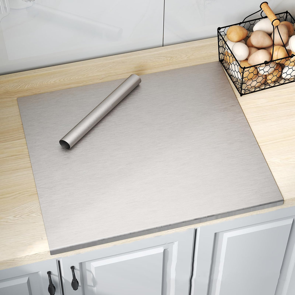 ISXACFF Large Cutting Board with Rolling Pin&Non-Slip Mat 35.4”L x 19.7”W Stainless Steel Cutting Chopping Boards with Lip Heavy Duty Baking Board for Meat Vegetables Fruits Cheese Bread Pastry