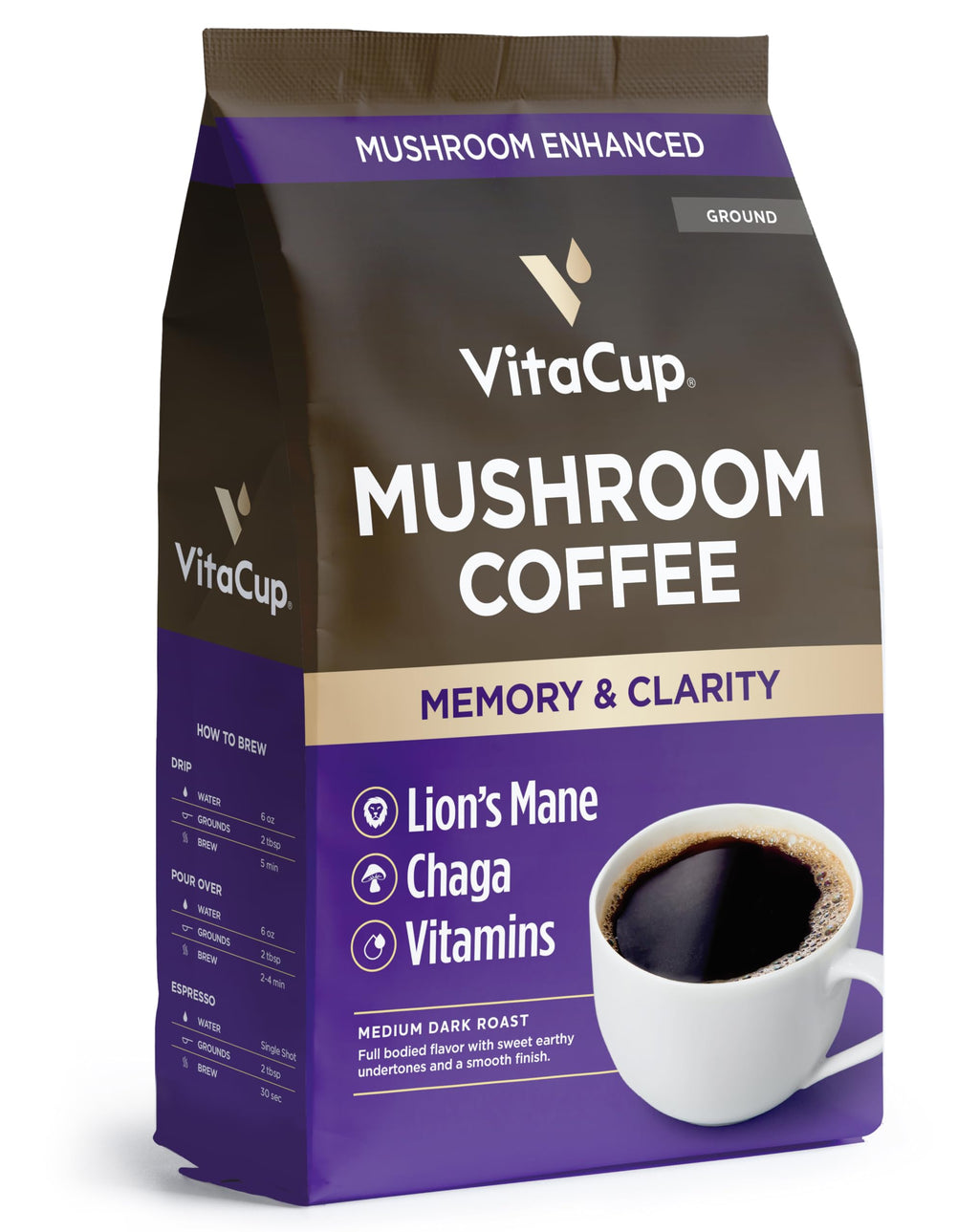VitaCup Mushroom Ground Coffee, with Lions Mane for Memory & Clarity, 10oz