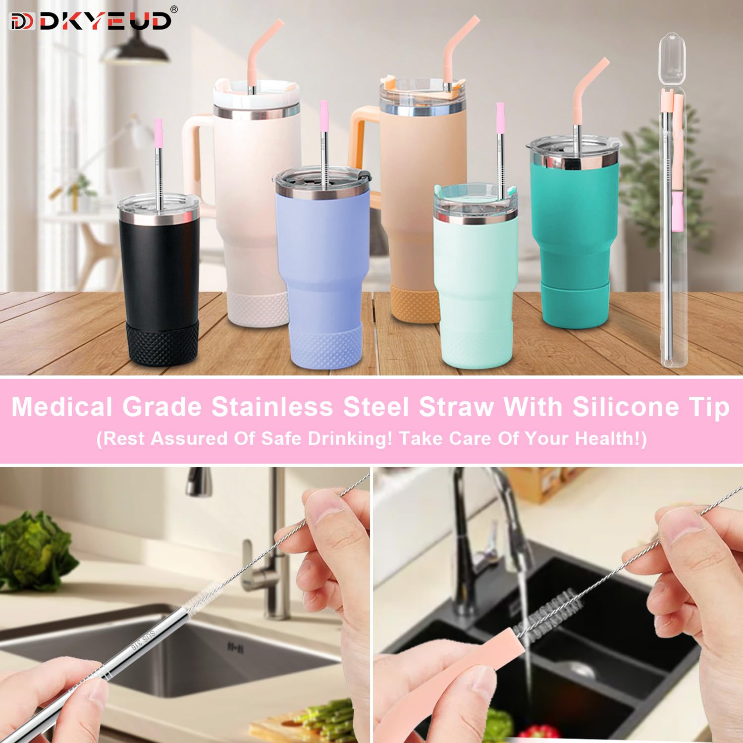 Quality Upgraded 9In Medical Grade 316 Stainless Steel Straws Set 1 PCS with 3 Silicone Accessories, 1 Straw Brush, 1 Storage Case, BPA Free, Eco-Friendly Metal Straws Reusable