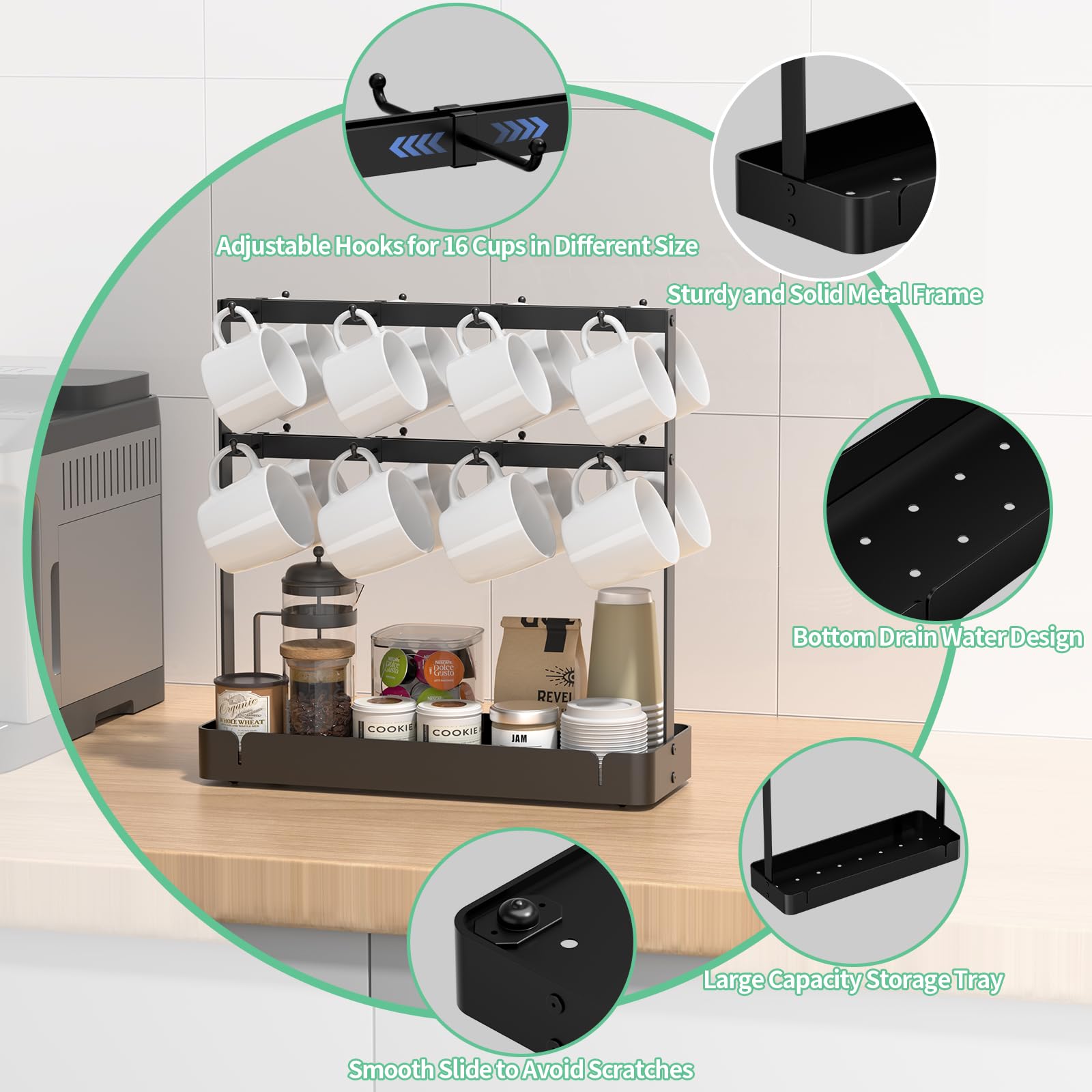 ZDDLOINP Coffee Mug Holder, 2 Tier Metal Mug Rack with 16 Movable Hooks