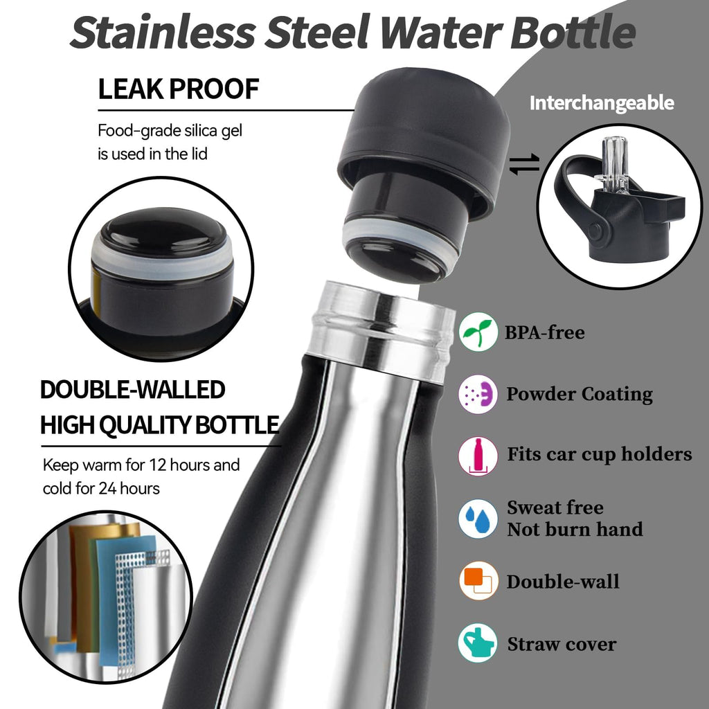 Insulated Water Bottle, 17oz Stainless Steel Water Bottles with straw lid, Metal Sports Water Bottles for Boys,Girls, Double Wall Vacuum BPA-Free Flask for School, Sports & Travel-Black
