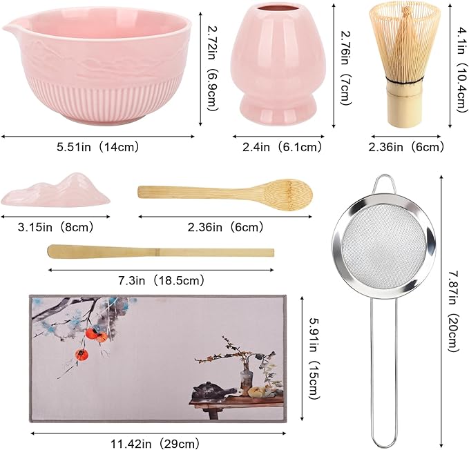 PHILORN Matcha Whisk Set 9Pcs Ceramic Matcha Kit Matcha Bowl with Spout, Whisk, Holder, Bamboo Scoop, Scoop Rest, Sifter and Tea Towe for Matcha Lover and Tea Ceremony (Pink)