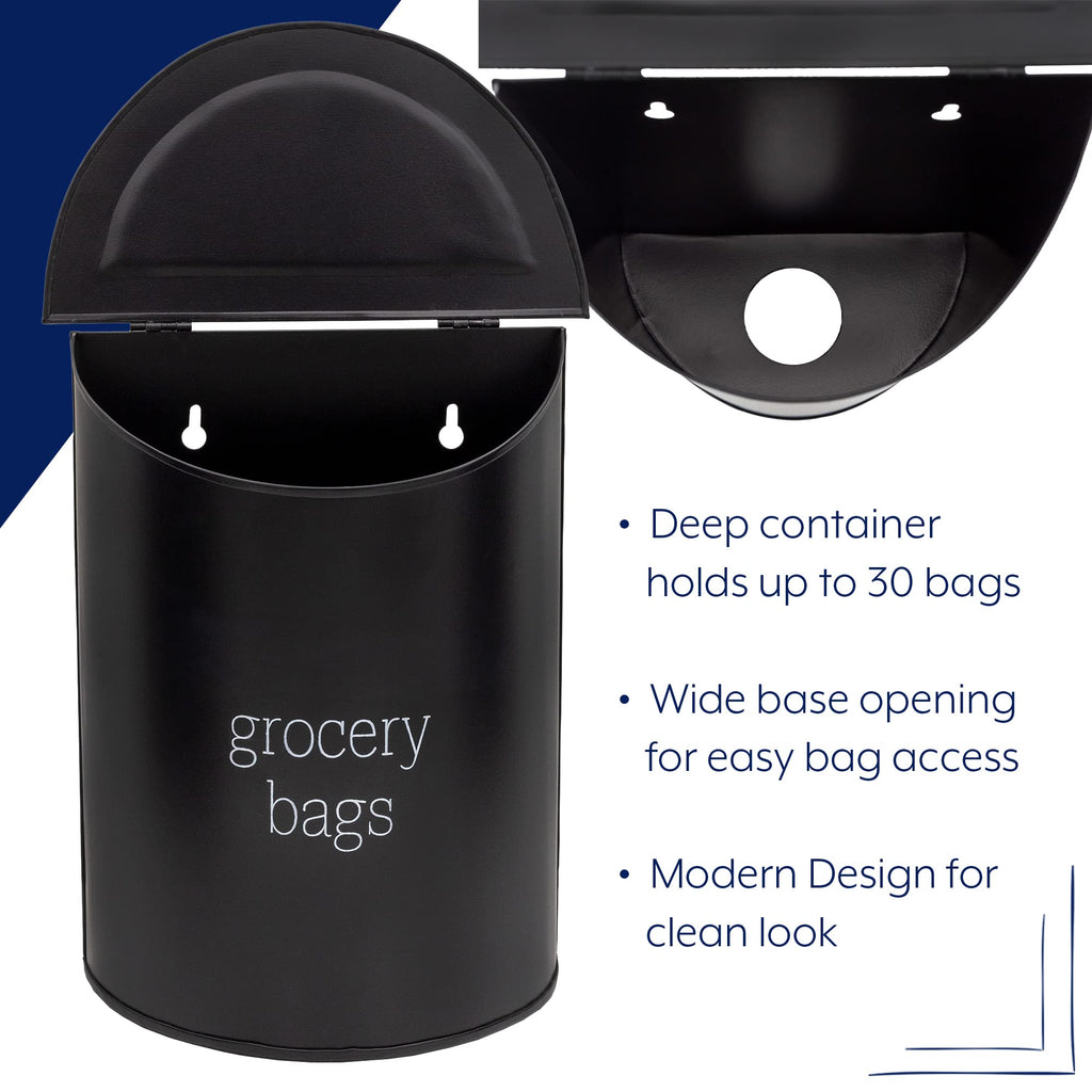 AuldHome Design Enamelware Grocery Bag Holder (Black); Wall-Mounted Modern Farmhouse Style Plastic Bag Dispenser for Kitchen or Laundry Room