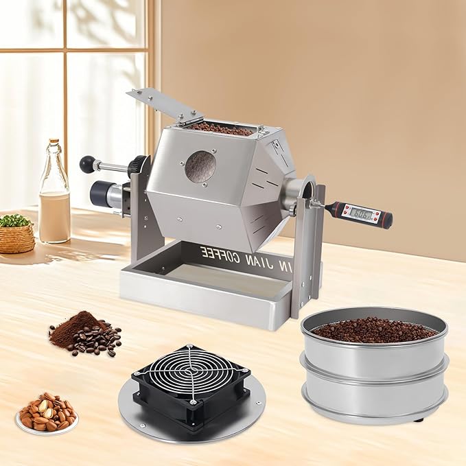 3.8L/3.45QT Coffee Roaster, Stainless Steel Coffee Bean Roaster with Cooler, 6 & 40 Mesh Sieves, Speed Controller, Thermometer, Drum Type Nuts Baker for Home and Commercial Use