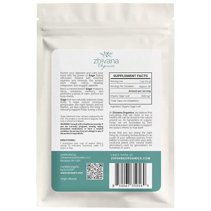 Organic Sage Leaf (4 oz.) (Salvia officinalis) – Loose Dried Leaves – Edible Grade for Tea, Seasoning & Herbal Uses