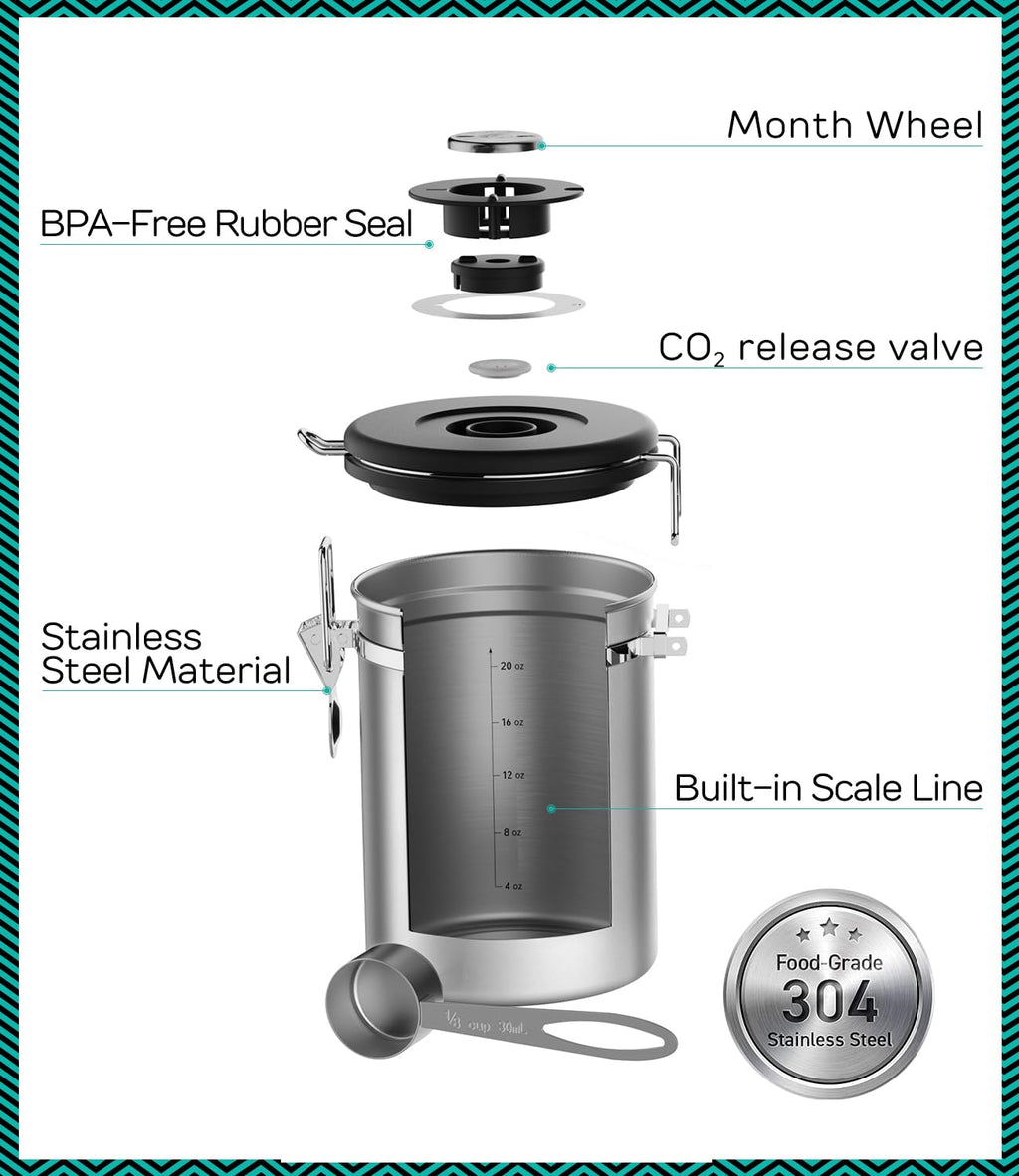 Coffee Gator Coffee Canister, 22oz Airtight Stainless Steel Container