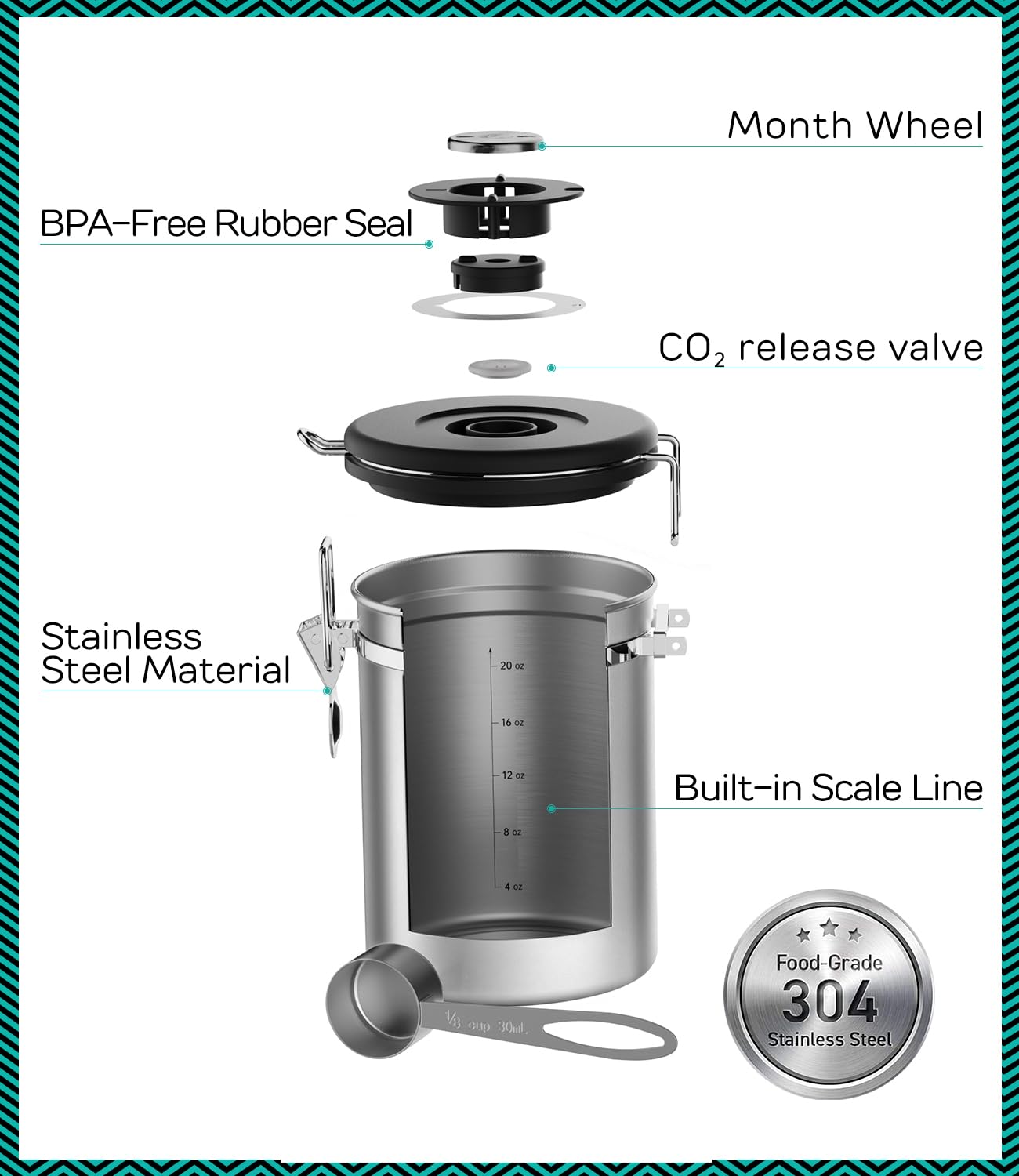 Coffee Gator Coffee Canister, 22oz Airtight Stainless Steel Container
