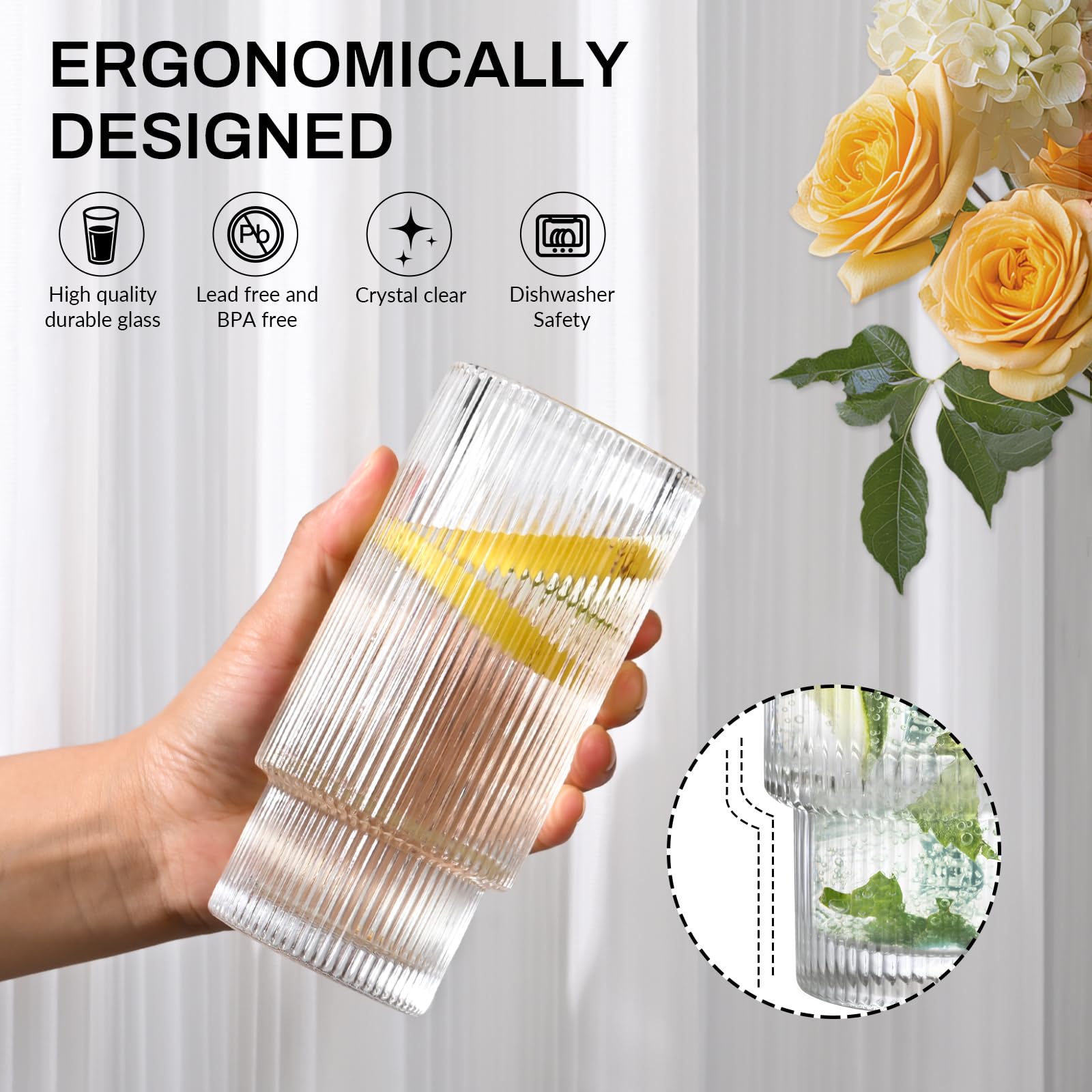 AFINSEA 16OZ Ribbed Glass Cups with Lids and Straws,Iced Coffee Cups with Bamboo Lid,Vintage Glassware for Whiskey Cocktail Beer Fruit Juice Glasses Tumbler(4 Pack)