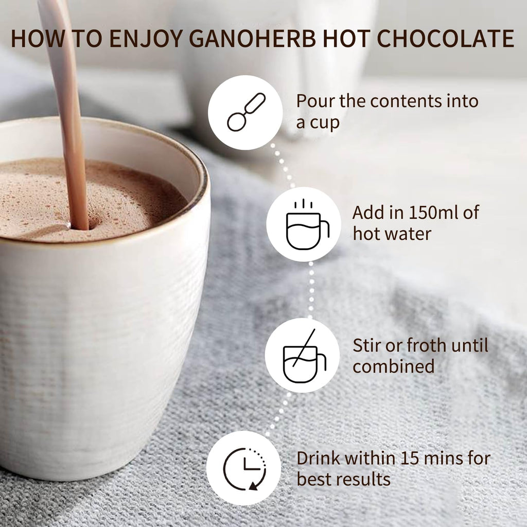 GANOHERB Mushroom Hot Chocolate Mix with Reishi, Mushroom Coffee Alternative Hot Cacao Powder for Energy, Mood and Immune System, Vegan Mushroom Supplement, 15 Servings, 11.1 Ounce