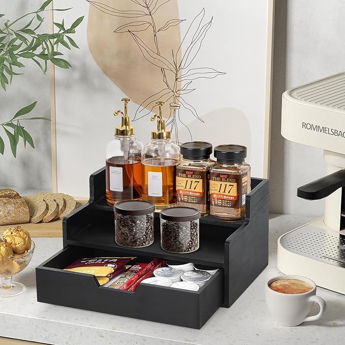 Coffee Pod Holder with Drawer, 3-Tier Wood K Cup Organizer for Countertop, Coffee Bar Organizer Storage Box, Coffee Station Organizer for Kitchen Coffee Station Decor