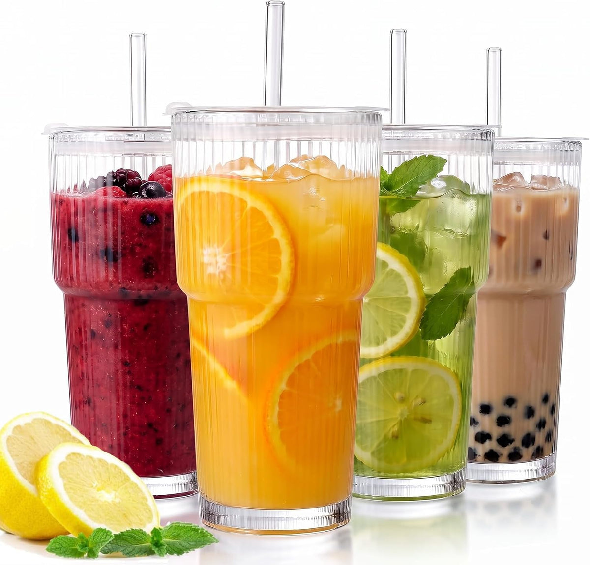 Salpae 20oz Iced Coffee Cups with Lids and Straws, Ribbed Glass Tumblers