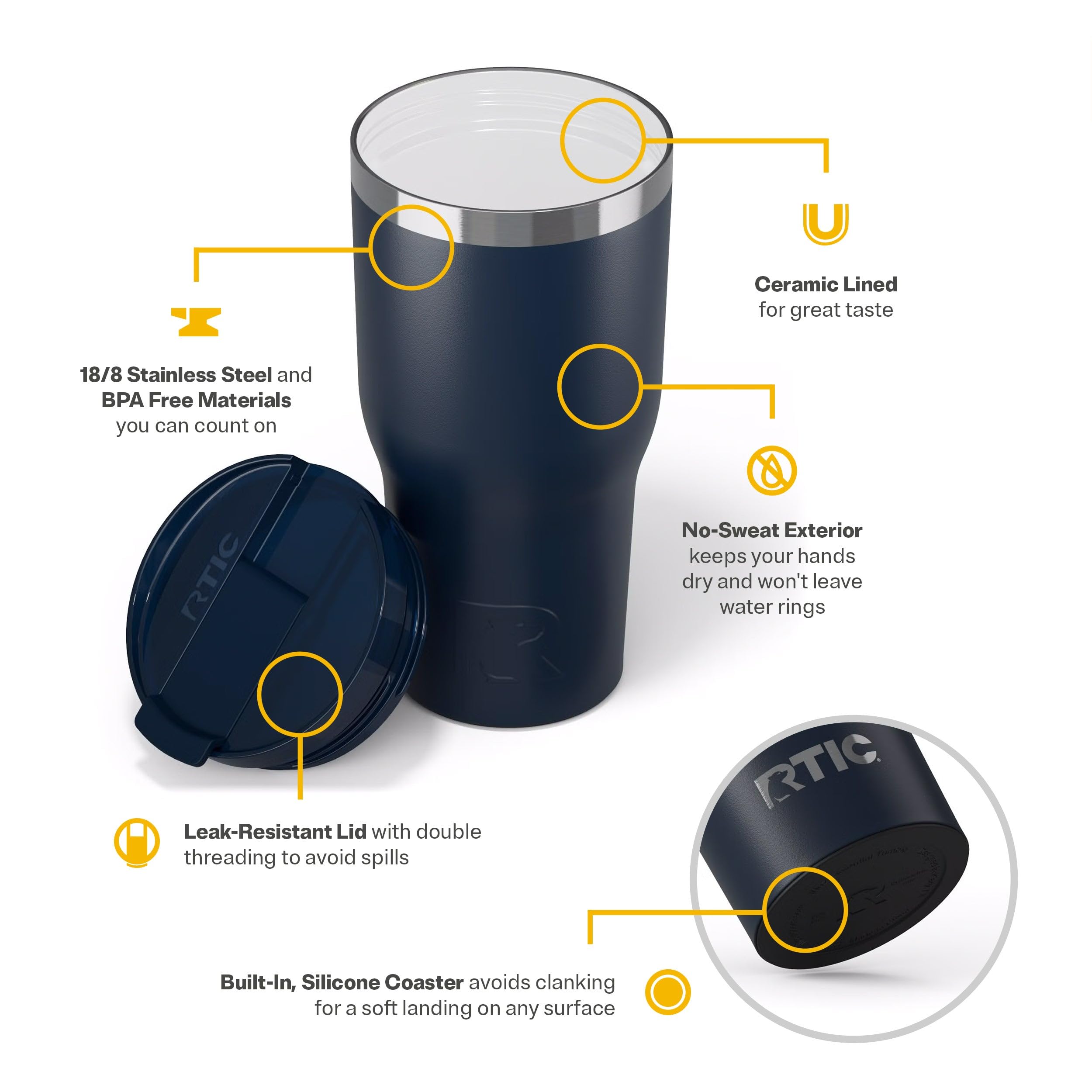 RTIC 30oz Essential Tumbler with Lid, Ceramic Lined, Navy
