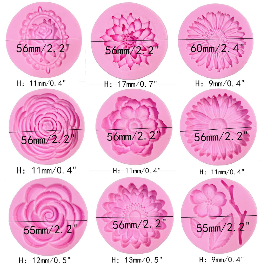DD-life 9 Pcs Flowers Fondant Molds Silicone for Cupcake Dessert