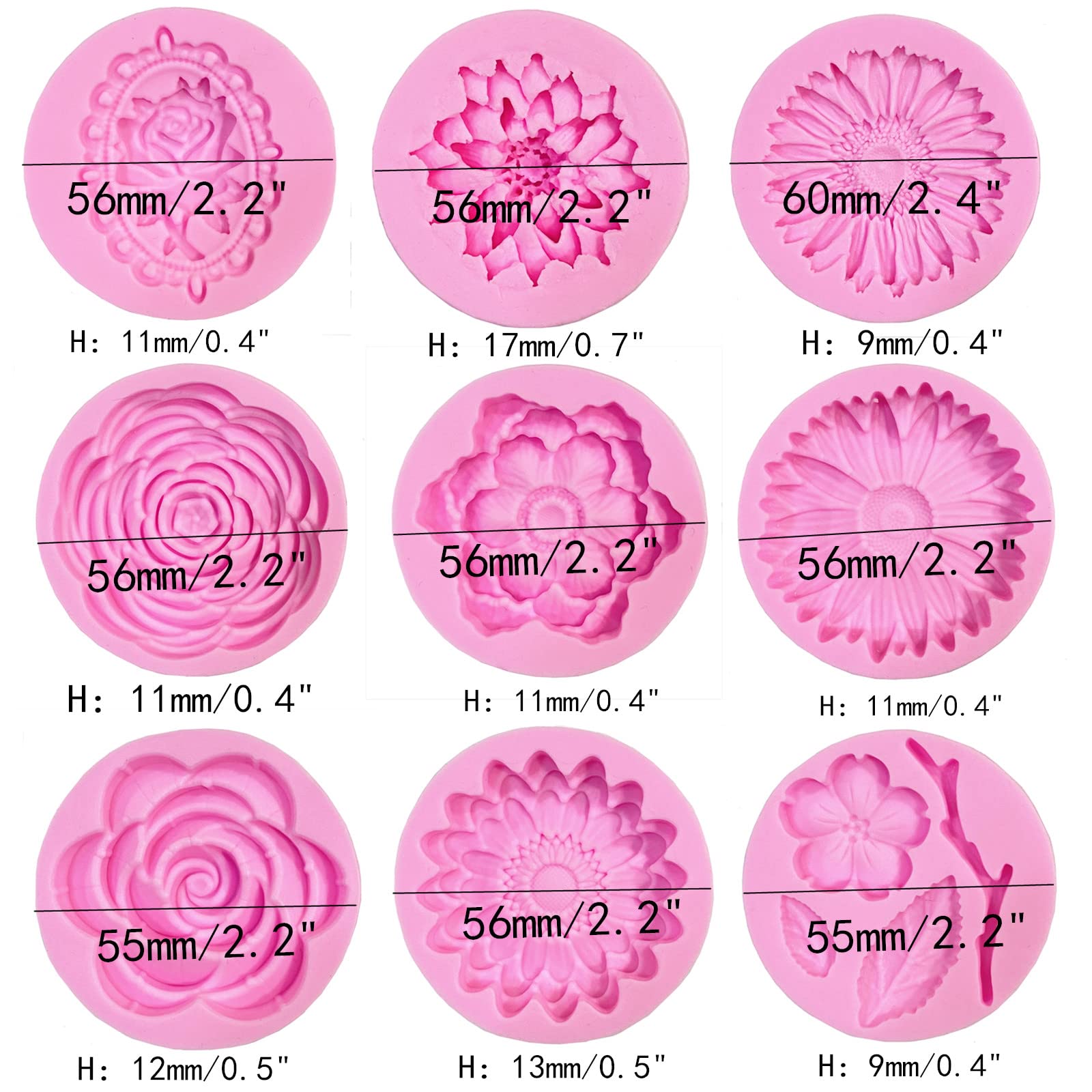 DD-life 9 Pcs Flowers Fondant Molds Silicone for Cupcake Dessert