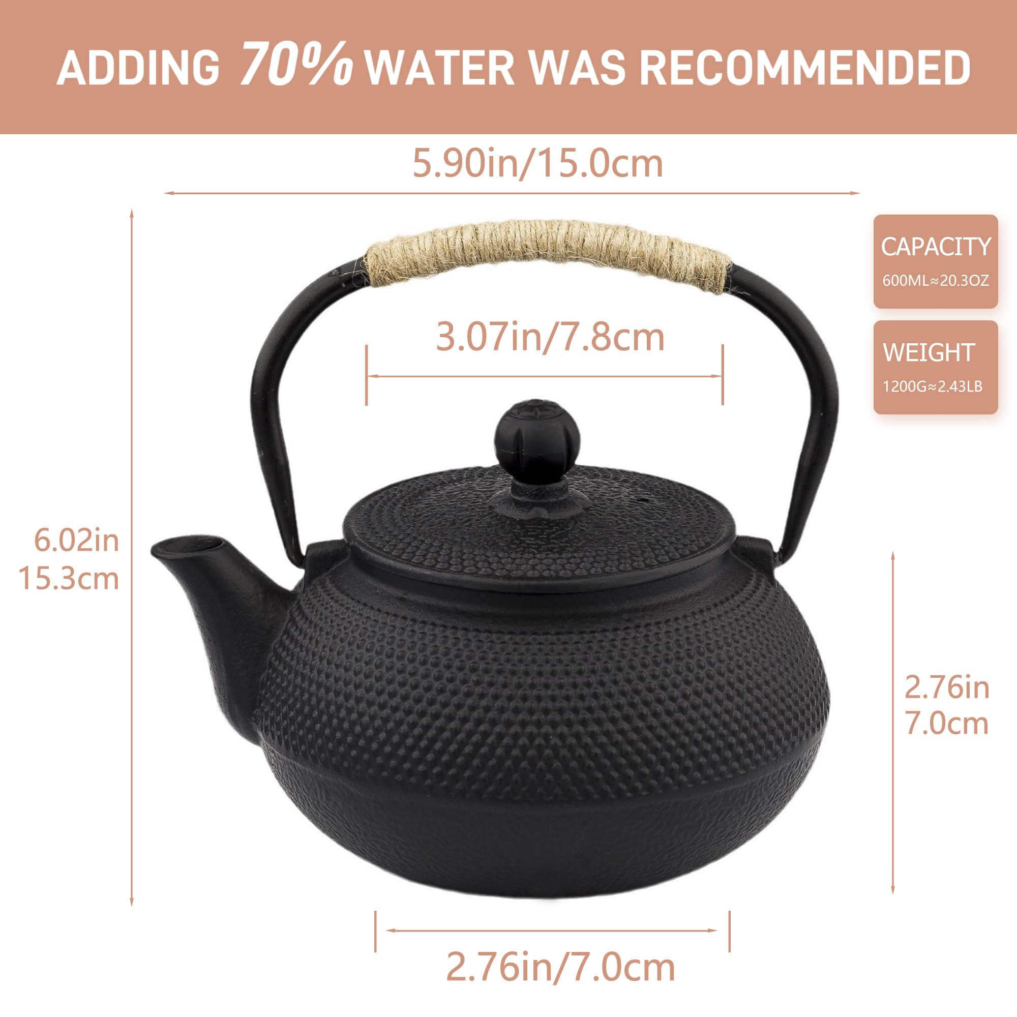 20.3oz Only, Small Tea Kettle for 1-2 Cups, Japanese Tetsubin, Cast Iron Teapot with Stainless Steel Infuser for Loose Leaf & Coffee, Tea Pot for Stovetop Safe, Enamel Interior(Black, 600ml)